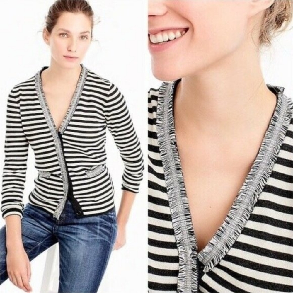 J Crew 100% Wool Blue White Striped Button Up Harlow Cardigan XS